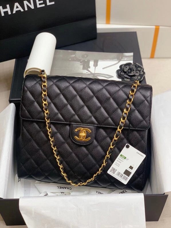 Chanel  BLACK QUILTED CAVIAR LEATHER JUMBO CLASSIC SINGLE FLAP BAG