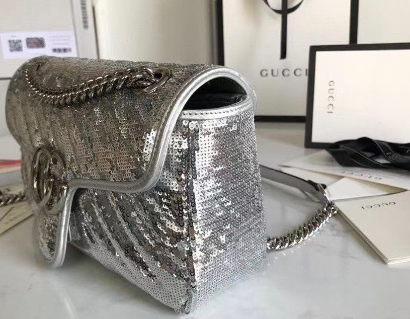 Gucci GG Marmont small Silver sequin shoulder bag
