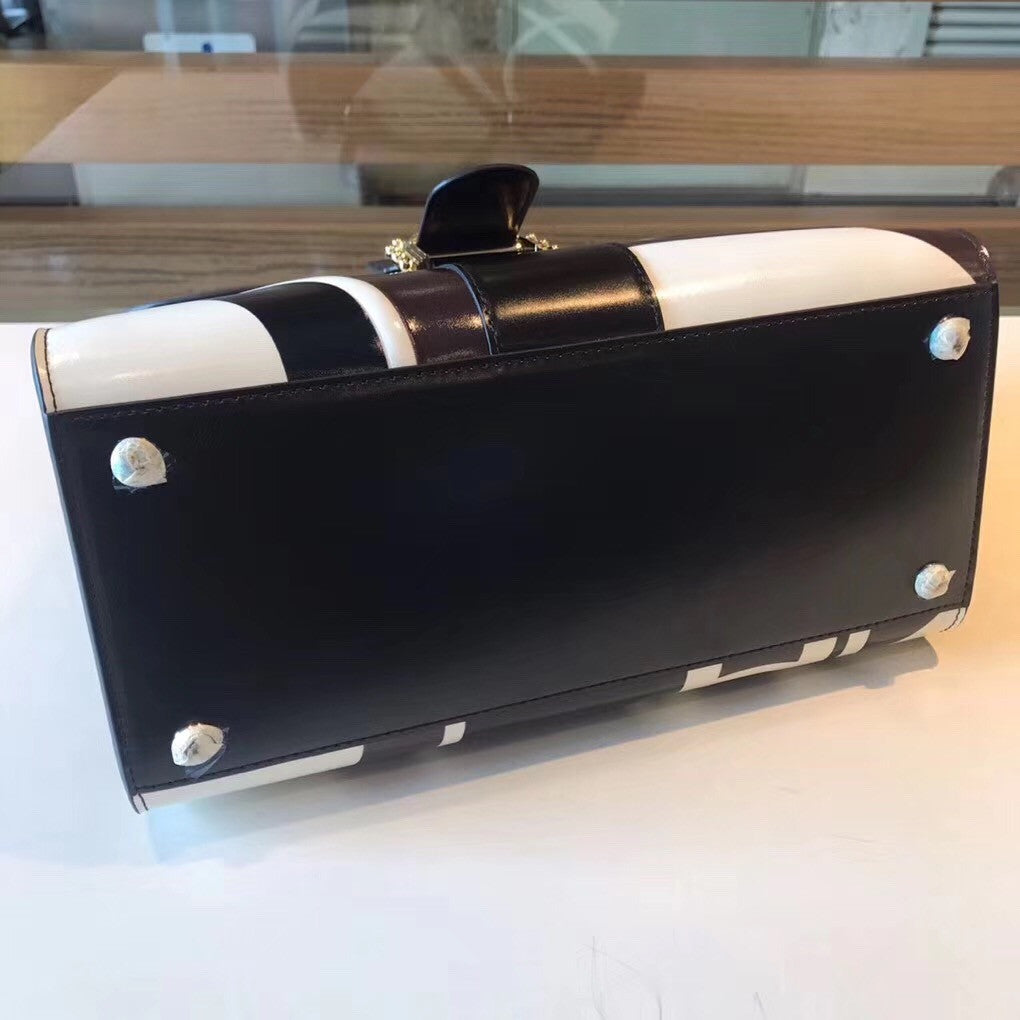 Delvaux Brillant MM Leather Satchel with Black & White geometric pattern