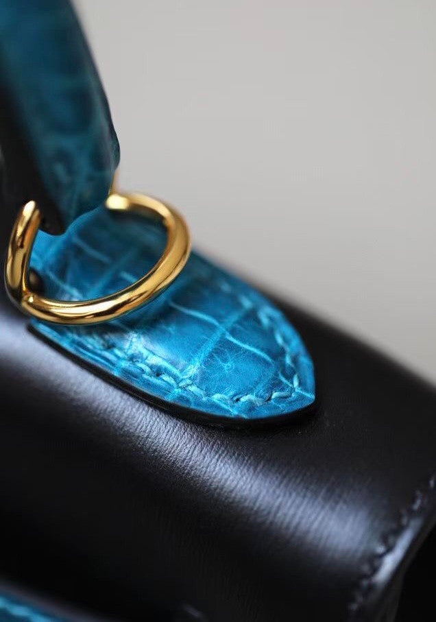 Hermes Special Order 7W Bleu Izmir/ Black Kelly 28 with Crocodile Niloticus and Box Leather