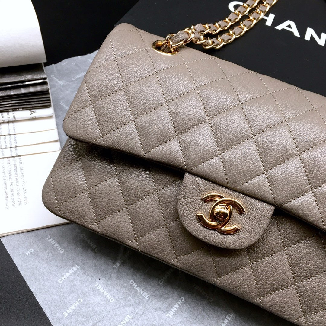 CHANEL 1112 Classic Flap Bag  Khaki  Deerskin Medium Gold HW