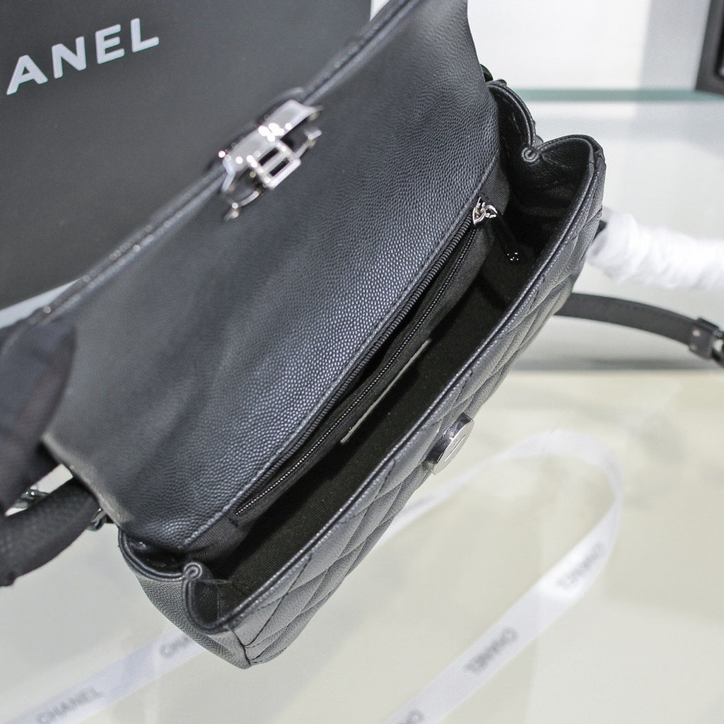 Chanel Small Grained Calfskin Lacquered Logo Flap Bag Black
