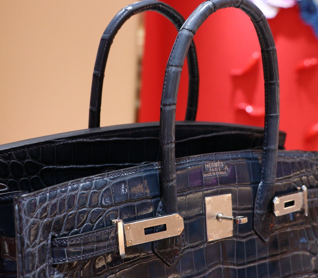 Hermes Bleu Thalassa Birkin 35 in Shiny Porosus Crocodile with Palladium hardware