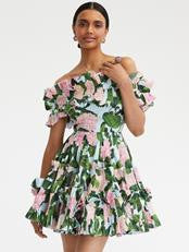 Oscar de la Renta  RUFFLE DETAIL HYDRANGEA OFF SHOULDER MINI DRESS