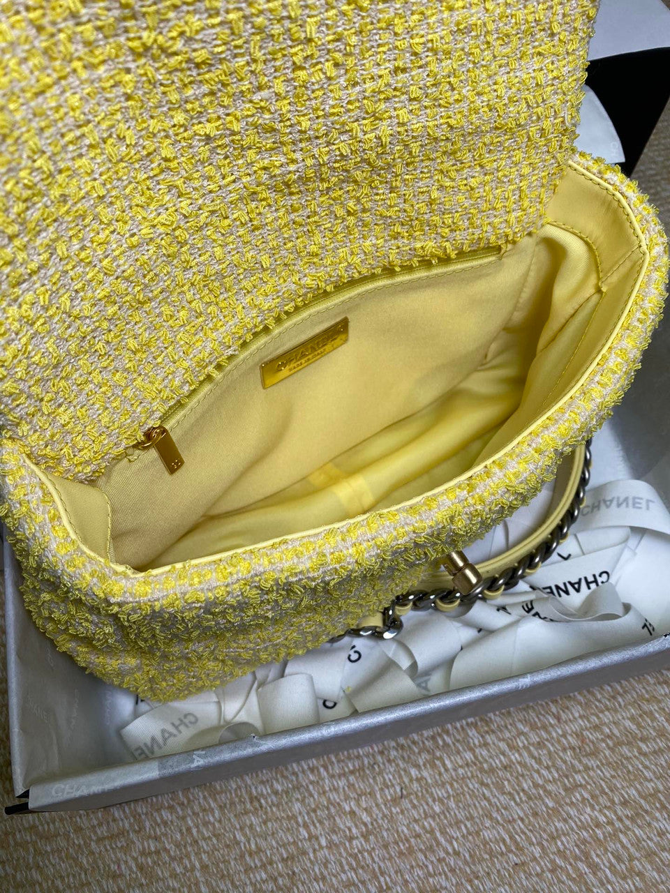 Chanel Yellow Tweed 19 flap bag