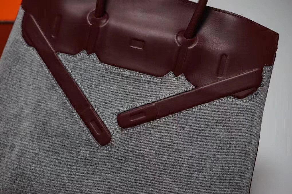 Hermes Shadow Birkin 30 Bordeaux Toile/ Box Leather  Palladium Hardware