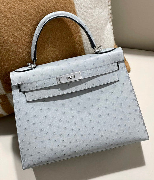 Hermes Kelly 28 Sellier 8U Blue Glacier Ostrich Palladium Hardware