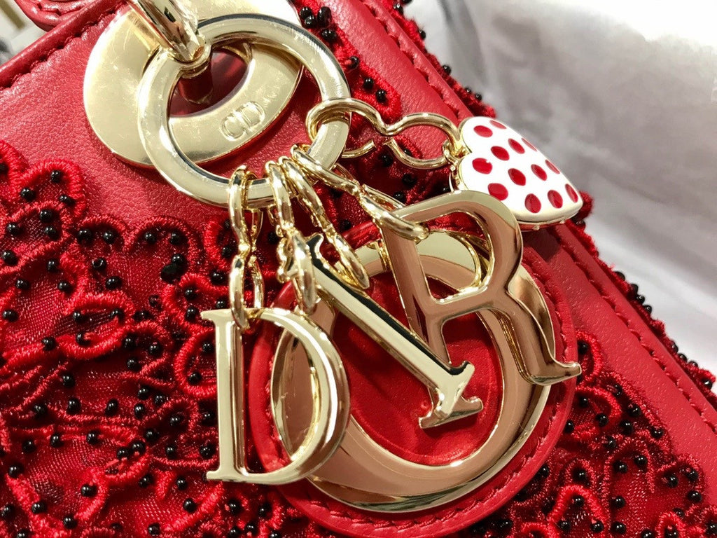 Christian Dior Mini LADY DIOR BAG Red Printed Calfskin with Multicolor Dior In Lights Pearl and Thread Embroidery