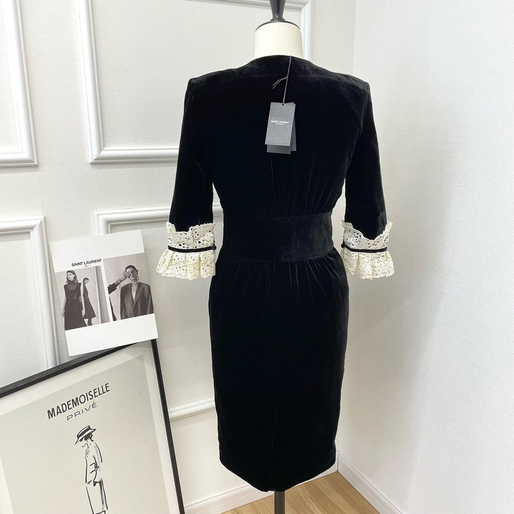 Saint Laurent V-NECK MIDI DRESS IN CUPRO VELVET