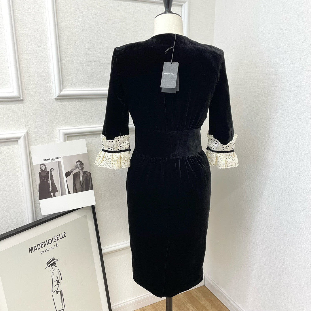 Saint Laurent V-NECK MIDI DRESS IN CUPRO VELVET