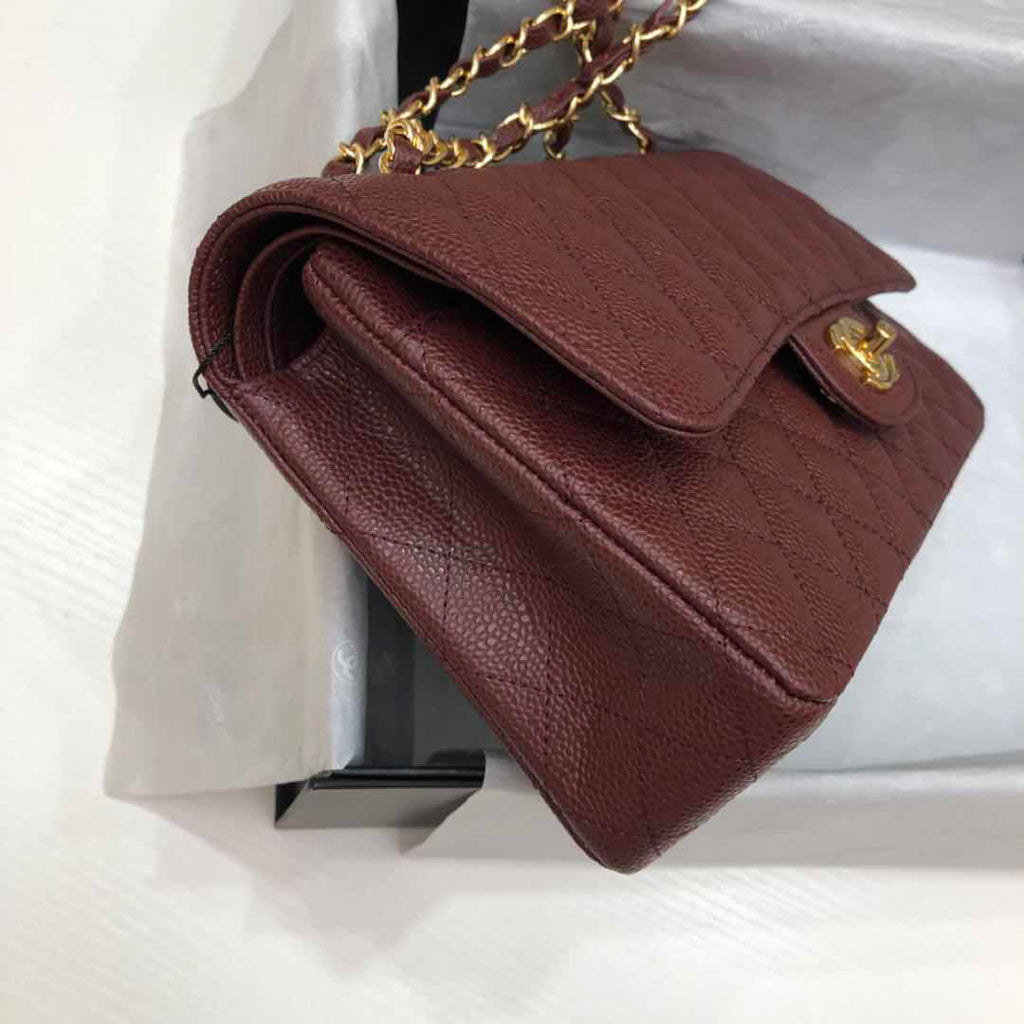 CHANEL Bordeaux Caviar Leather Classic Double Flap 2.55 Shoulder Bag Gold HW 2021