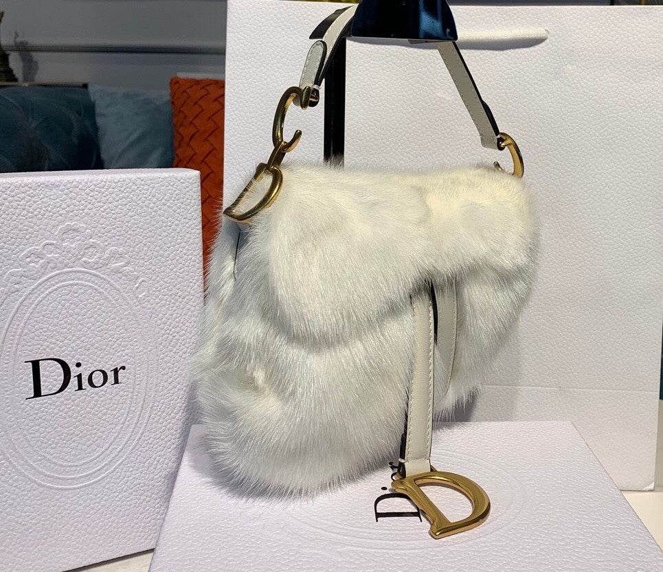 Christian Dior Saddle Handbag Fur Medium White