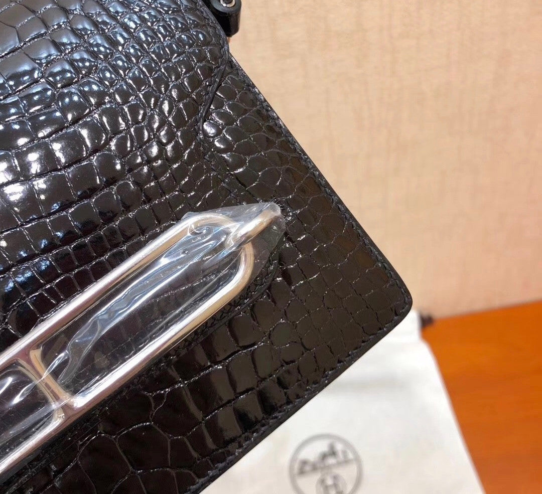 Hermes Noir Shiny Alligator PHW Roulis Mini 18/19 Handbag