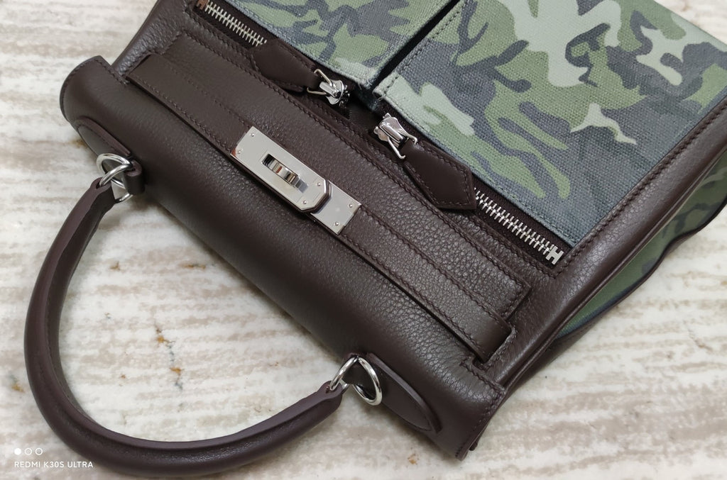 Hermes LIMITED EDITION BROWN SWIFT LEATHER & TOILE CAMOUFLAGE LAKIS KELLY 28 WITH PALLADIUM HARDWARE