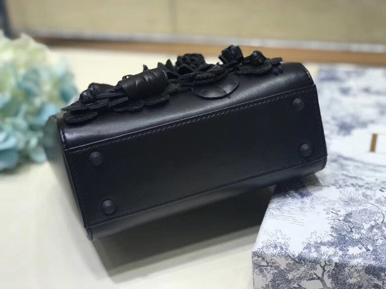 Christian Dior MINI LADY DIOR EMBROIDERED FLOWERS BLACK LAMBSKIN BAG