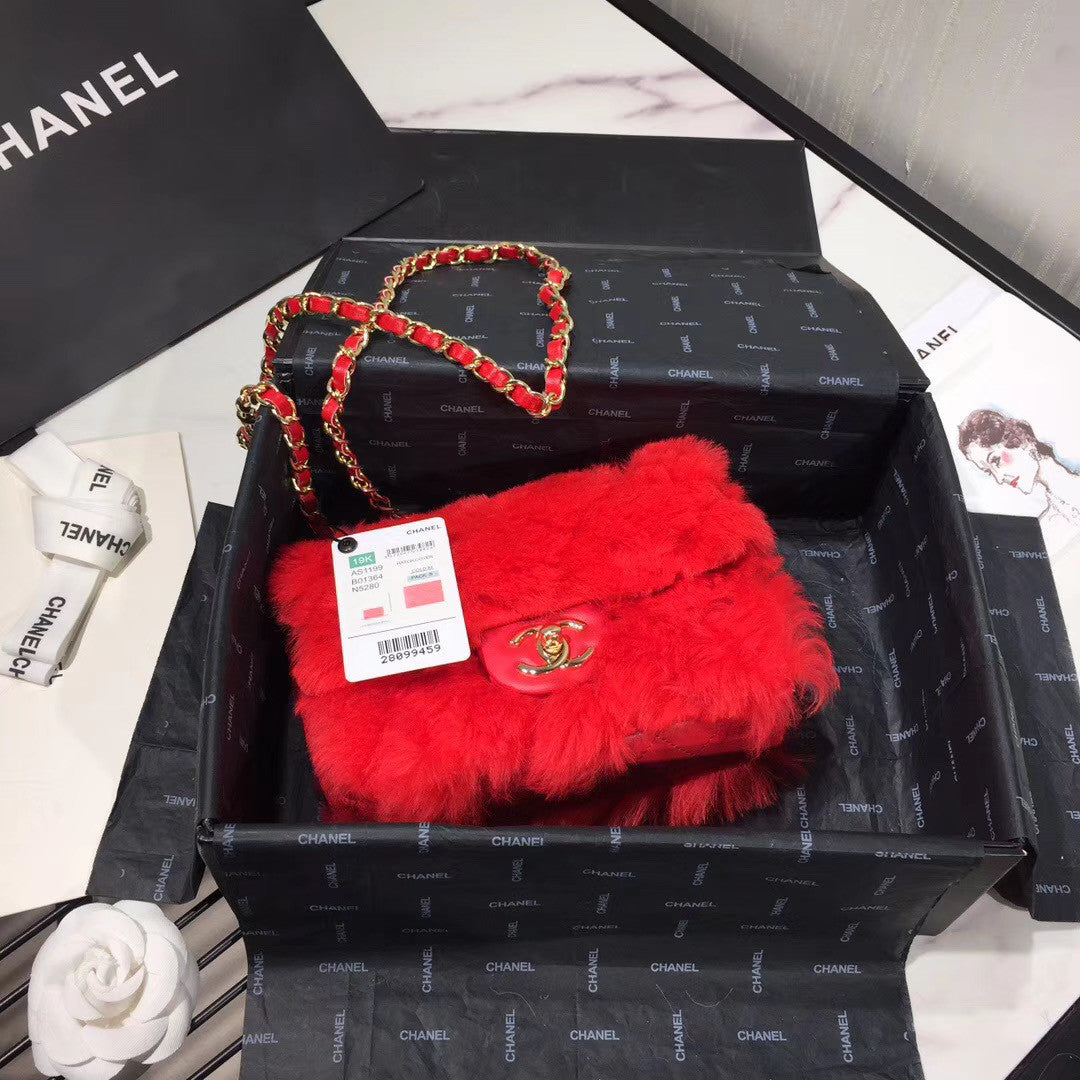 Chanel Small Shearling Lambskin Flap Bag Bright Red