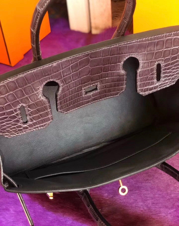 Hermes Violette  Birkin 30 in Porosus  Crocodile with Gold hardware