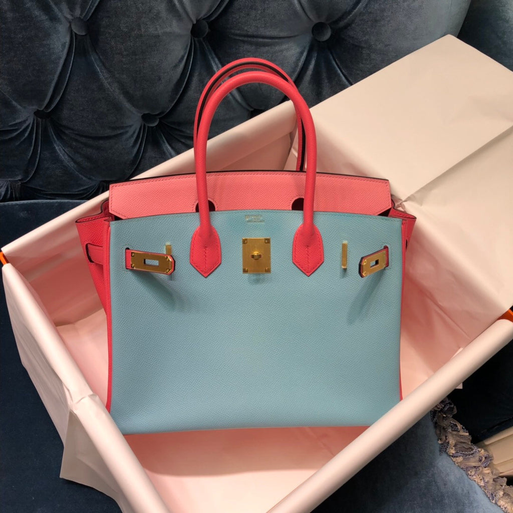 Hermes Special Order Tri-Colour  Rose Confetti, Rose Tyrien, Celest  Birkin 30 cm Epsom Gold   Hardware