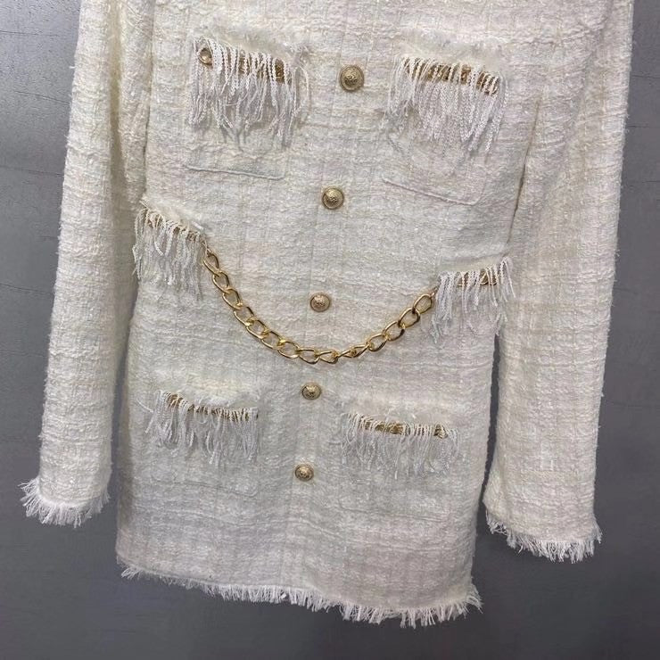 BALMAIN Short white tweed dress with gold-tone buttons and chains