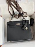 HERMES KELLY 28 SELLIER BLACK  EPSOM PALLADIUM HARDWARE