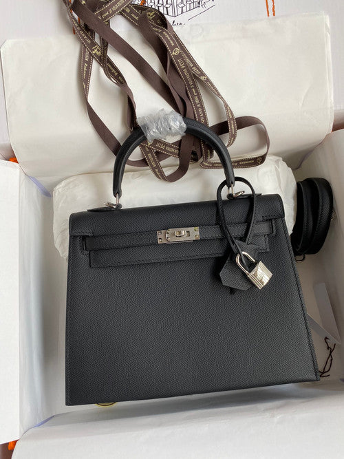 HERMES KELLY 28 SELLIER BLACK  EPSOM PALLADIUM HARDWARE