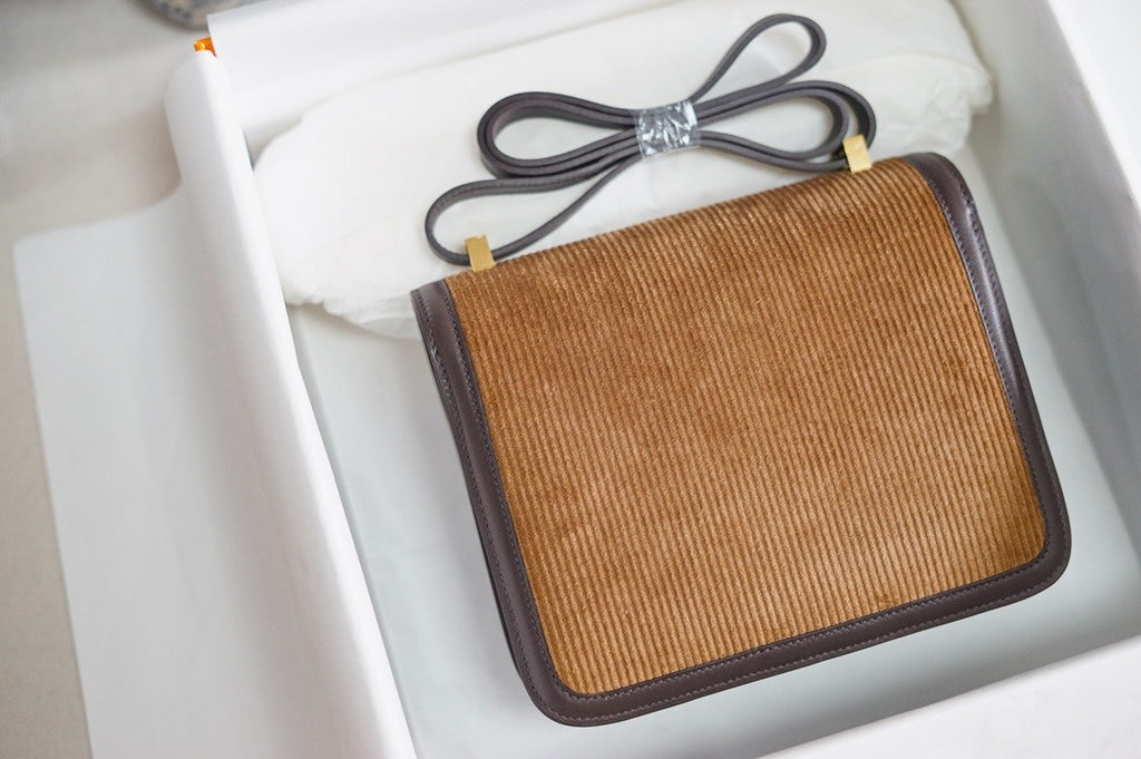 Hermès Brown Corduroy Constance 23cm  Gold GHW