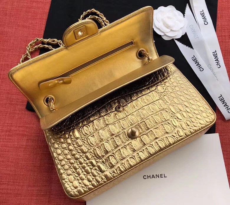Chanel Small Gold Metallic Crocodile Embossed Flap Bag
