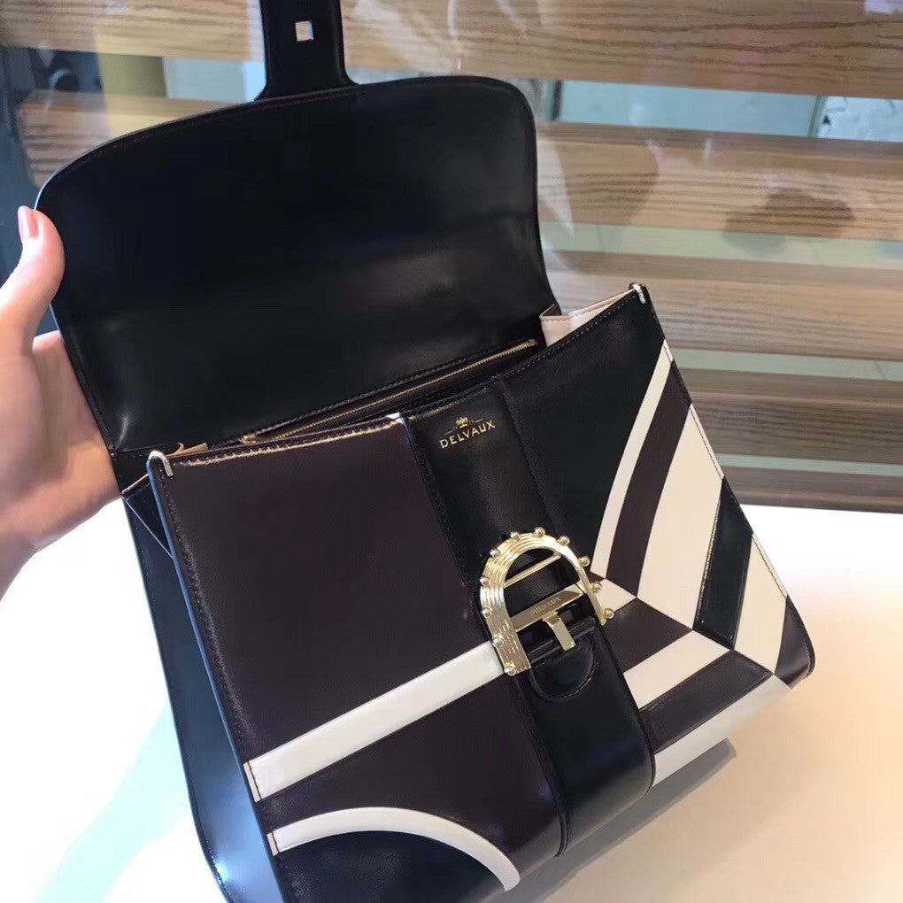Delvaux Brillant MM Leather Satchel with Black & White geometric pattern