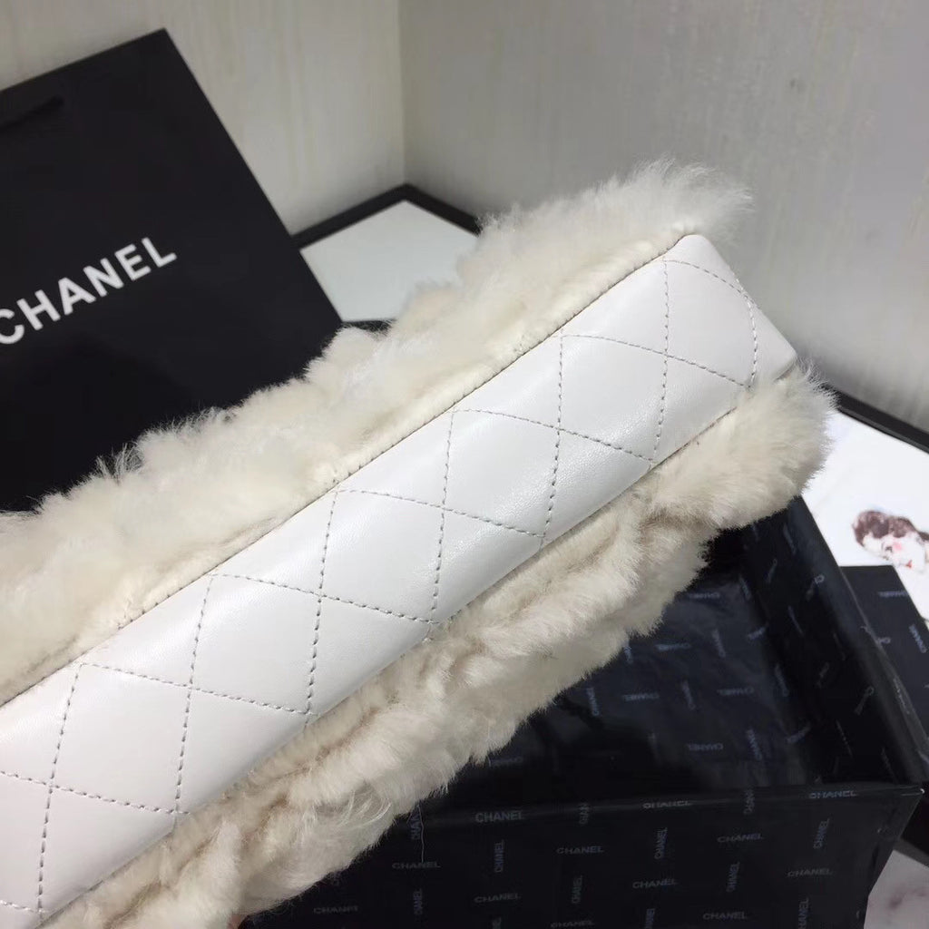 Chanel Shearling Lambskin Flap Bag White