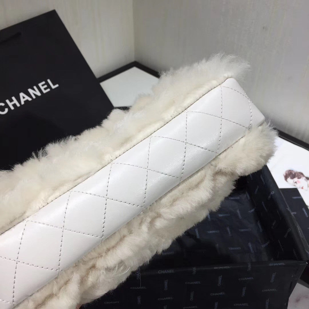 Chanel Shearling Lambskin Flap Bag White