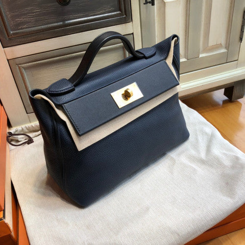 Hermes Kelly 24/24  Black/Navy Blue Swift & Togo Leather with Gold Hardware
