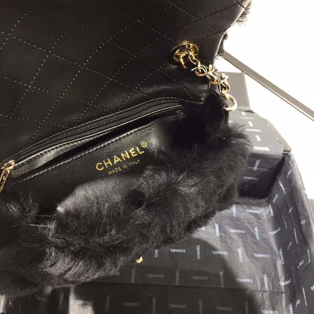 Chanel Small Shearling Lambskin Flap Bag Black
