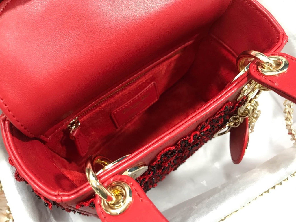 Christian Dior Mini LADY DIOR BAG Red Printed Calfskin with Multicolor Dior In Lights Pearl and Thread Embroidery