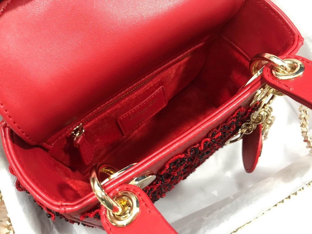 Christian Dior Mini LADY DIOR BAG Red Printed Calfskin with Multicolor Dior In Lights Pearl and Thread Embroidery
