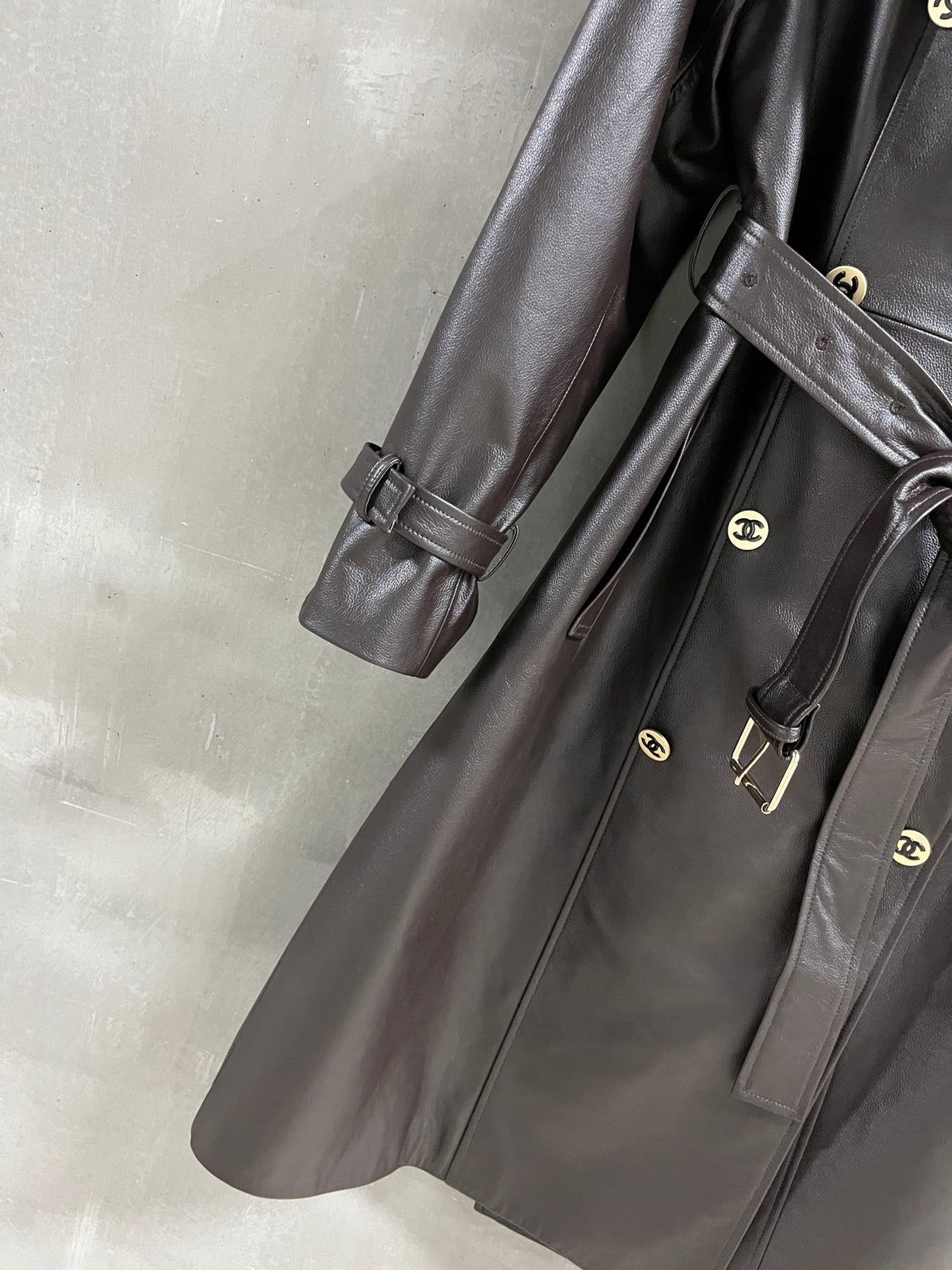 Chanel Double-Breasted Leather Trench Coat with CC Logo Buttons — 2026 Fall/Winter Chanel