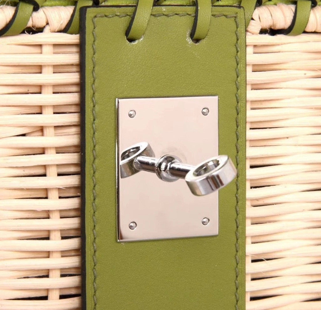 Hermes Limited Edition CK61 Green Picnic Kelly 35 Wicker Palladium Hardware