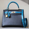 Hermes Special Order 7W Bleu Izmir/ Black Kelly 28 with Crocodile Niloticus and Box Leather