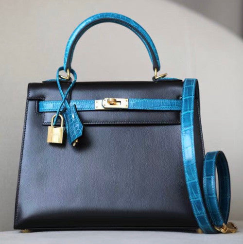 Hermes Special Order 7W Bleu Izmir/ Black Kelly 28 with Crocodile Niloticus and Box Leather