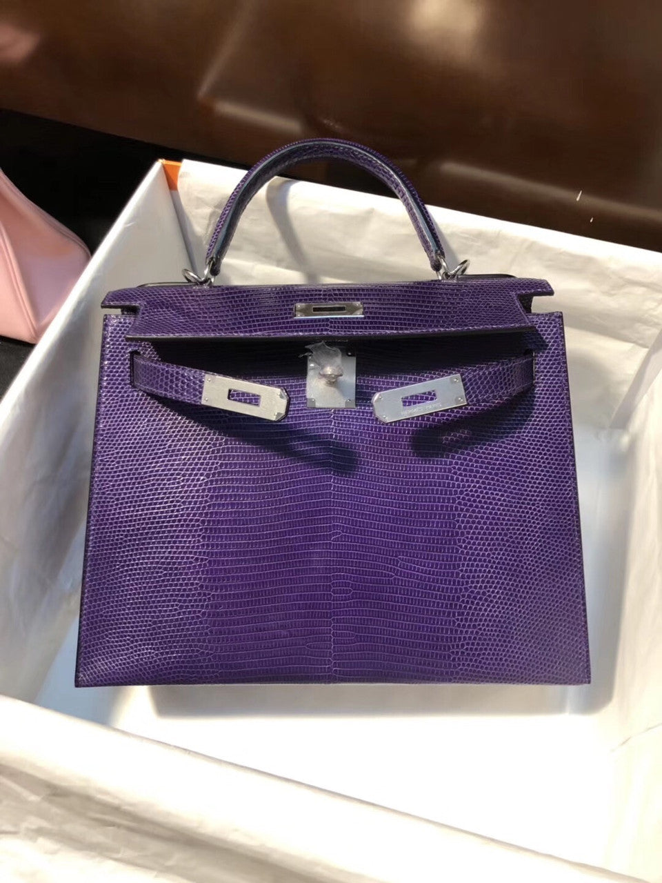 Hermes 9W Ultraviolet Lizard Kelly 28 Bag Palladium Hardware