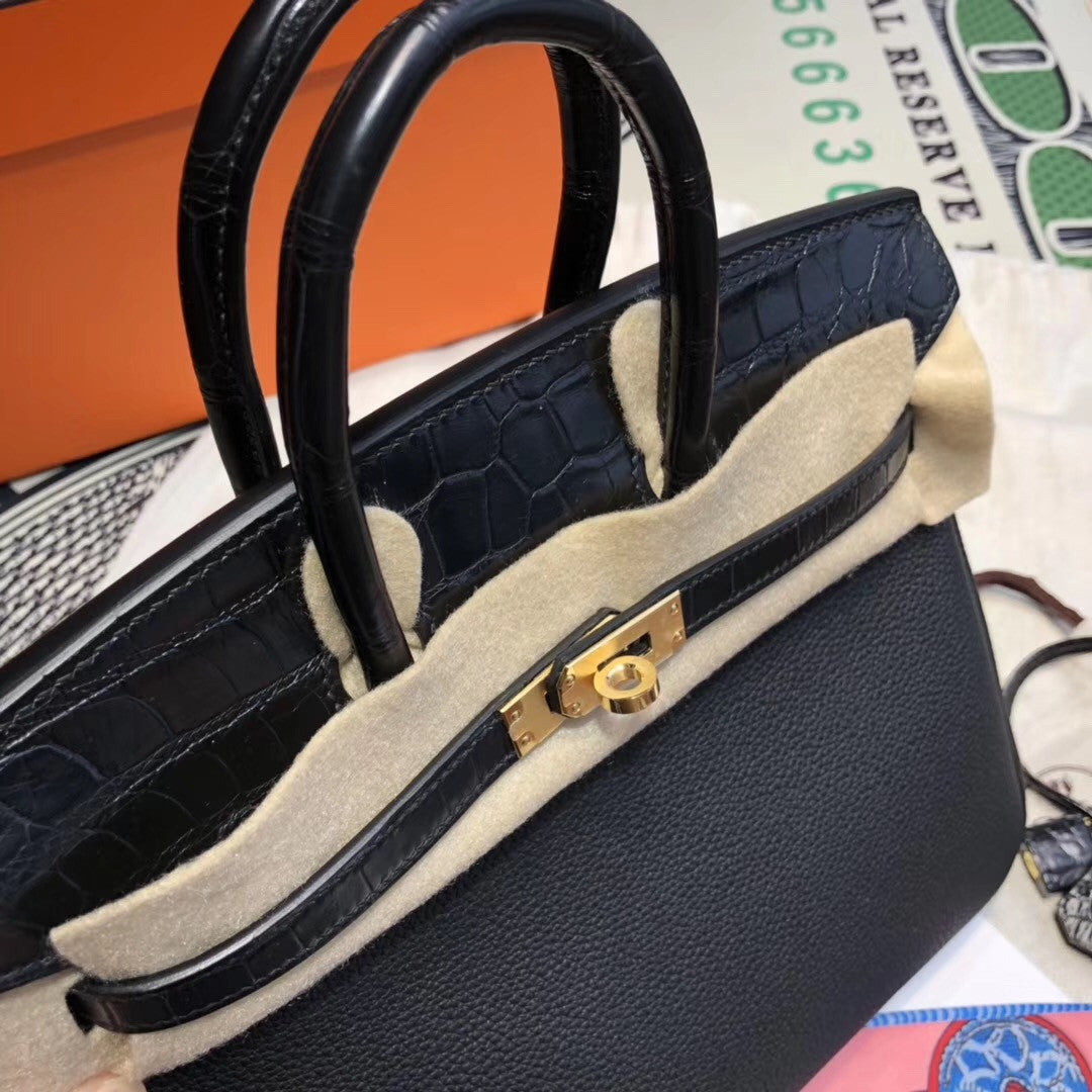 Hermes Birkin 30 Bag Limited Edition Patchwork Black Alligator