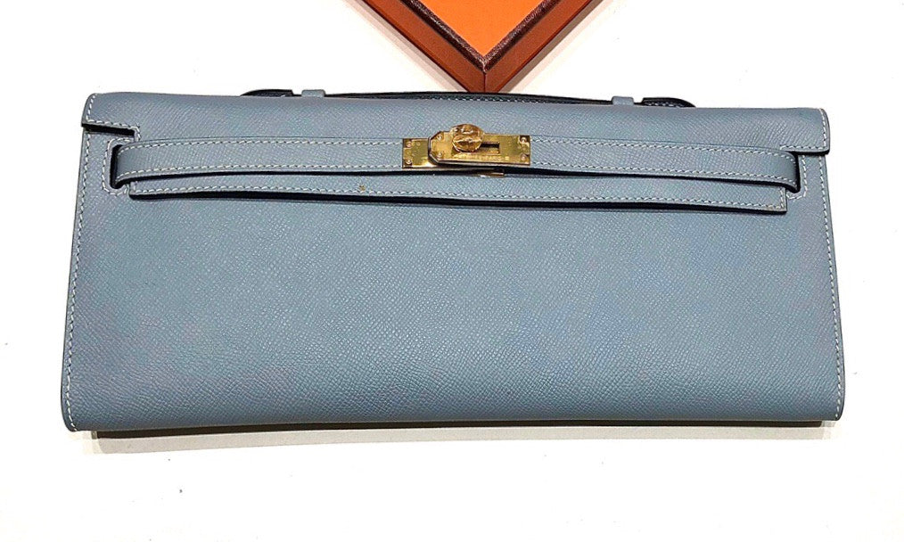 HERMES KELLY CUT CLUTCH BAG BLUE LIN EPSOM GOLD HARDWARE