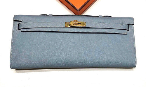 HERMES KELLY CUT CLUTCH BAG BLUE LIN EPSOM GOLD HARDWARE