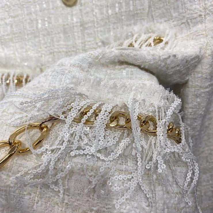 BALMAIN Short white tweed dress with gold-tone buttons and chains