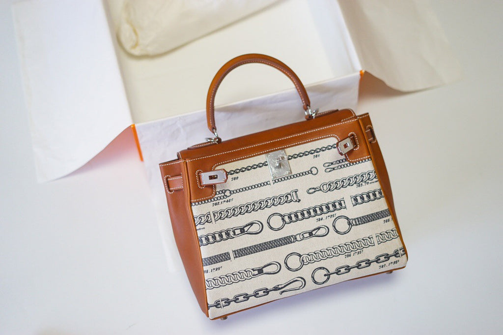 Hermes Dechainee Toile de Camp and Fauve Barenia Gold Kelly 28cm