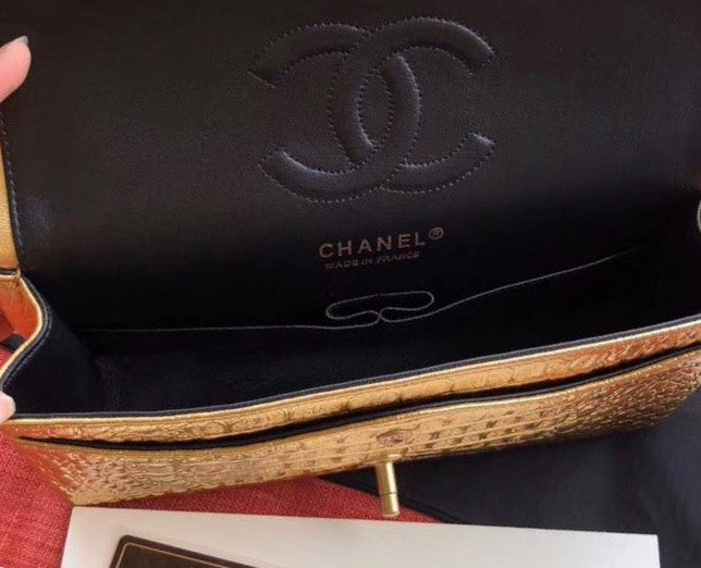 Chanel Small Gold Metallic Crocodile Embossed Flap Bag