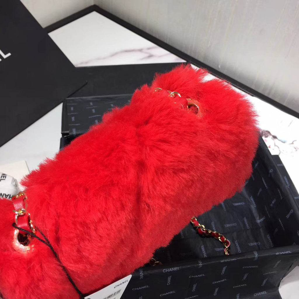 Chanel Small Shearling Lambskin Flap Bag Bright Red