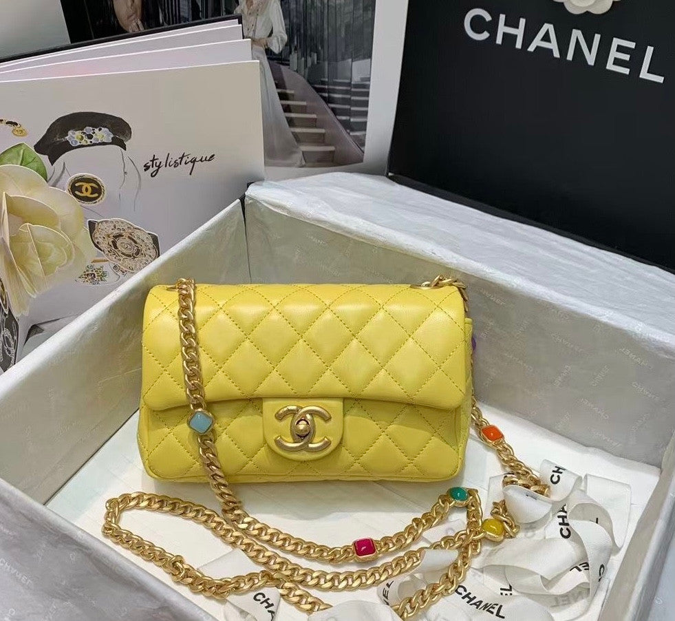 Chanel Flap Bag with  Resin & Gold-Tone Metal Yellow Small