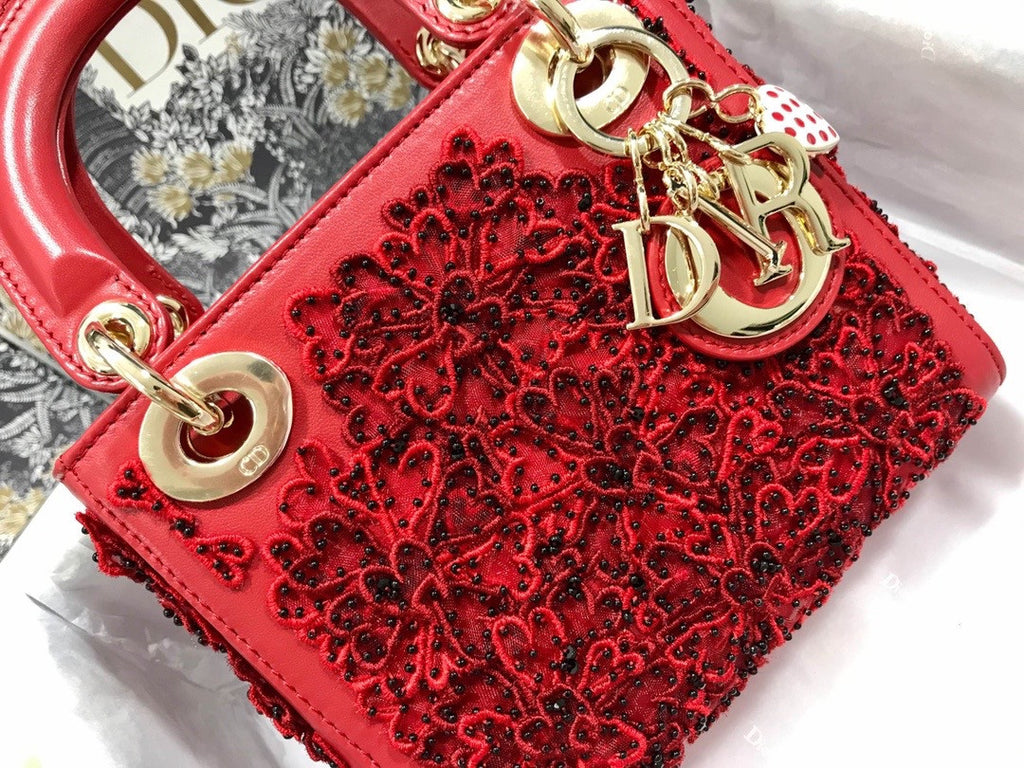 Christian Dior Mini LADY DIOR BAG Red Printed Calfskin with Multicolor Dior In Lights Pearl and Thread Embroidery
