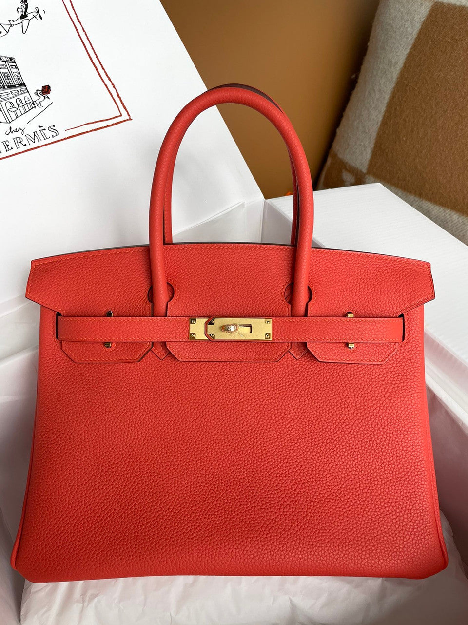 Hermes 9J Feu Birkin Bag 30cm Togo Leather Gold Hardware