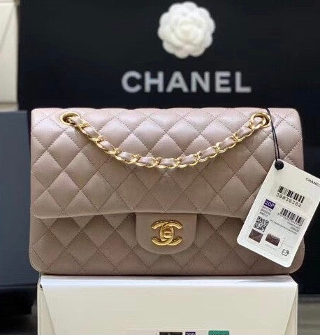 CHANEL  Gris Tourterelle Lambskin Leather Classic Double Flap 2.55 Shoulder Bag With Gold Hardware